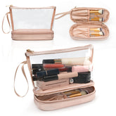 Ethereal bolsa maquillaje transparente con acabado rosa dorado para organización rápida de cosméticos.
