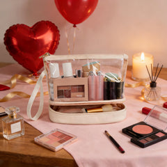 Bolsa Ethereal transparente, doble capa, organiza maquillaje y utensilios con claridad.