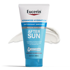 Eucerin loción postsolar en tubo, hidratación duradera para piel seca después del sol.