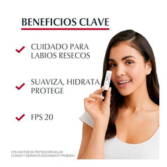 Textura cremosa de Eucerin para hidratación diaria de labios.