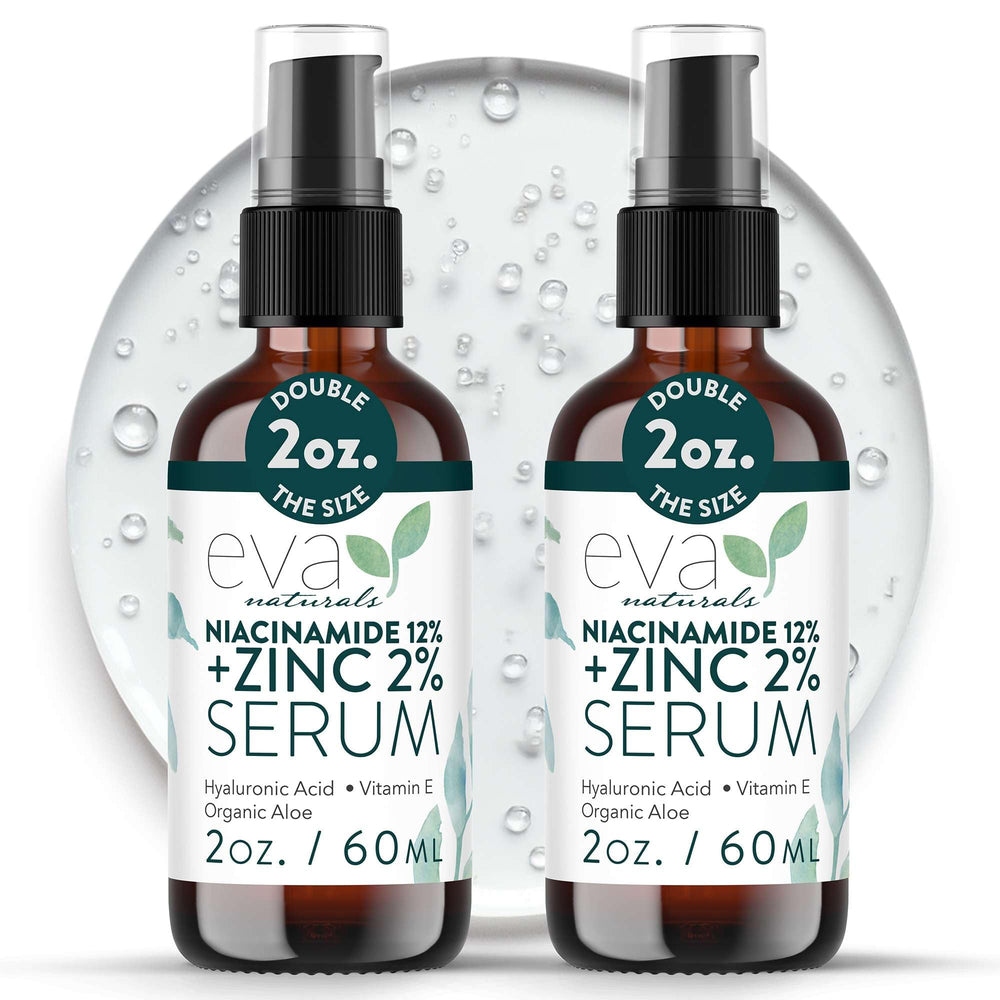 Sérum Eva Naturals Niacinamida 12% + Zinc: frasco y piel equilibrada.