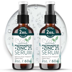 Sérum Eva Naturals Niacinamida 12% + Zinc: frasco y piel equilibrada.