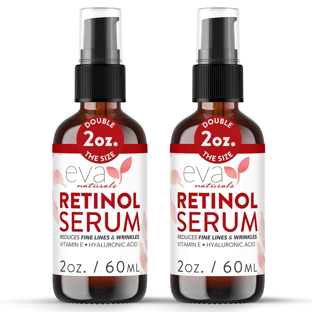 Eva Naturals Retinol Serum botella, presentación y cuidado facial recomendado.