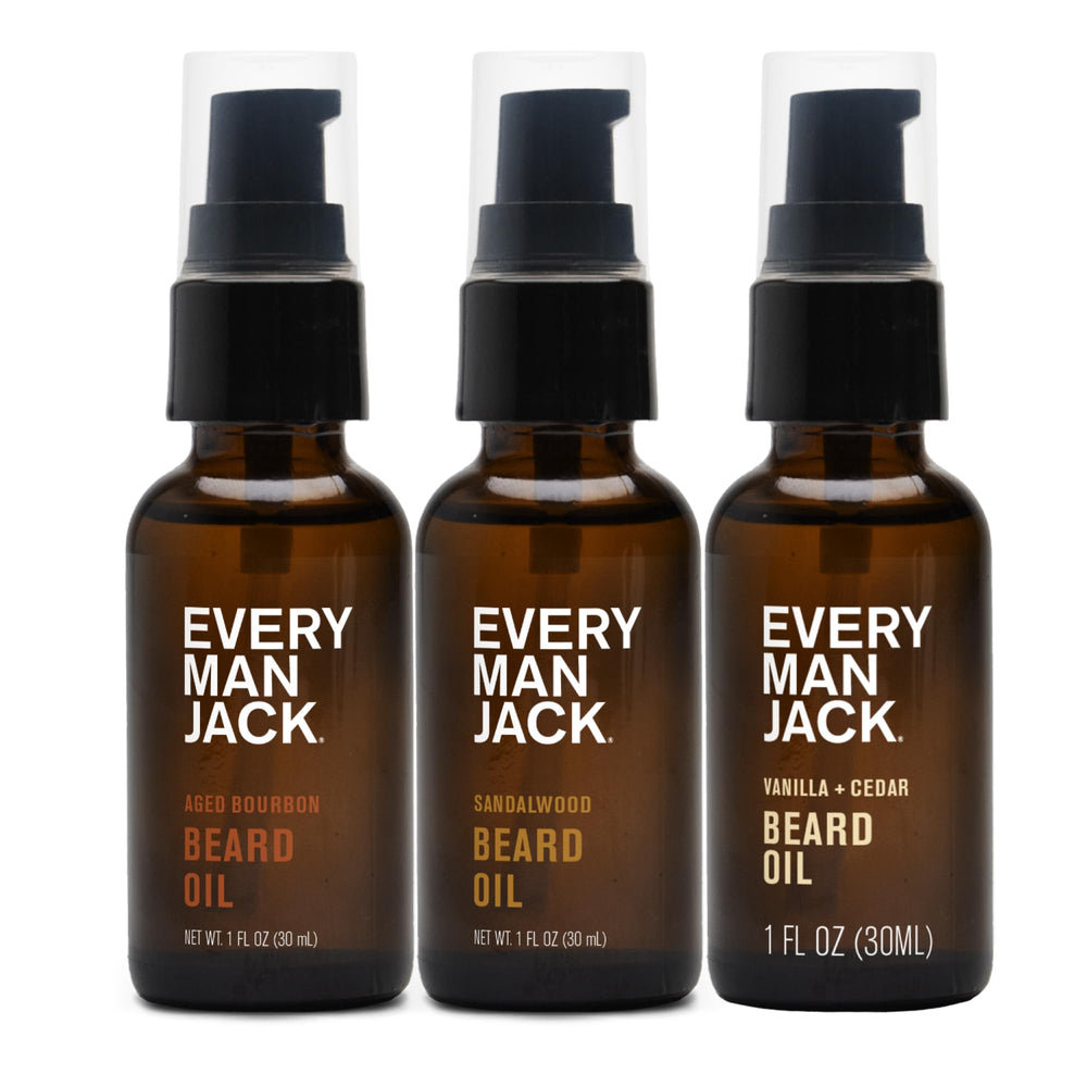Every Man Jack aceite para barba con sándalo, enfoque en trío regalo y suavidad.