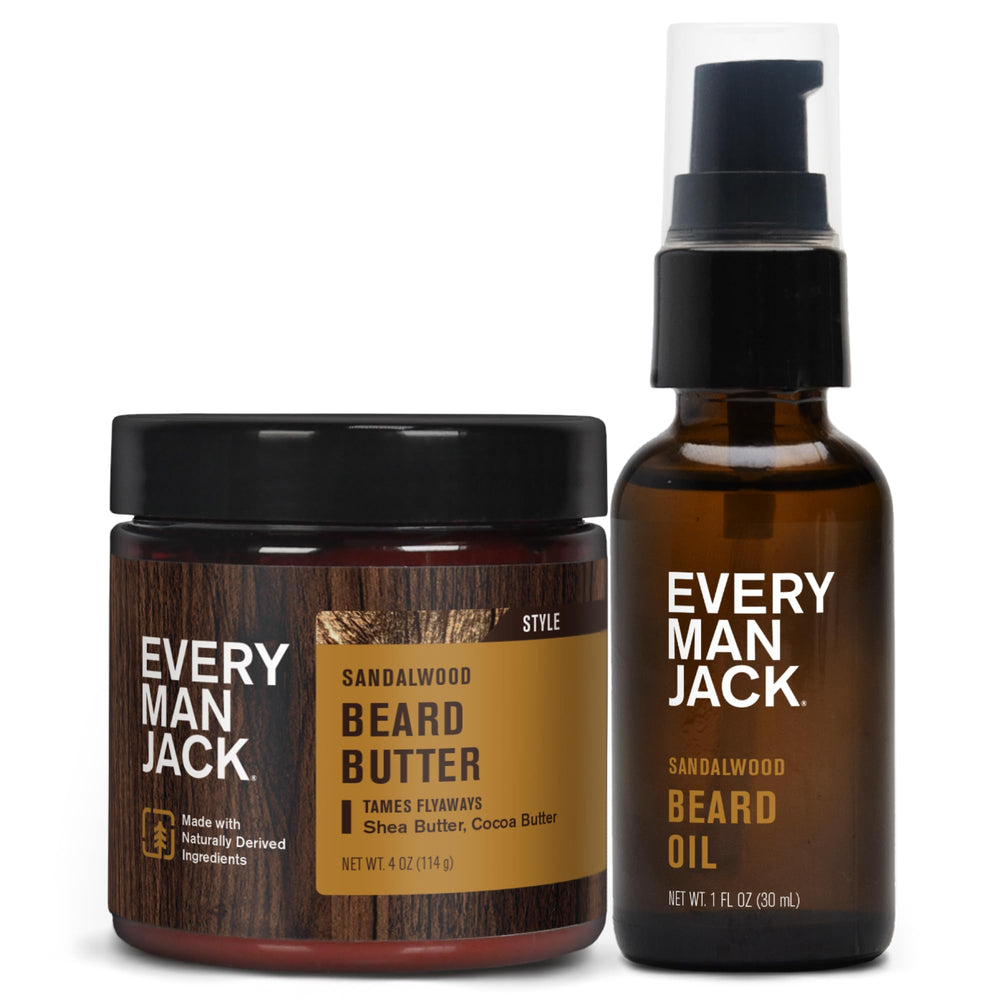 Aceite para barba Every Man Jack en botella, fragancia de sándalo y beneficios de hidratación.