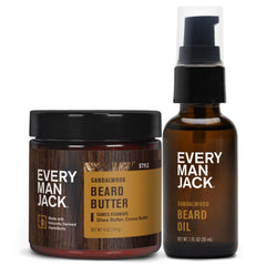 Aceite para barba Every Man Jack en botella, fragancia de sándalo y beneficios de hidratación.
