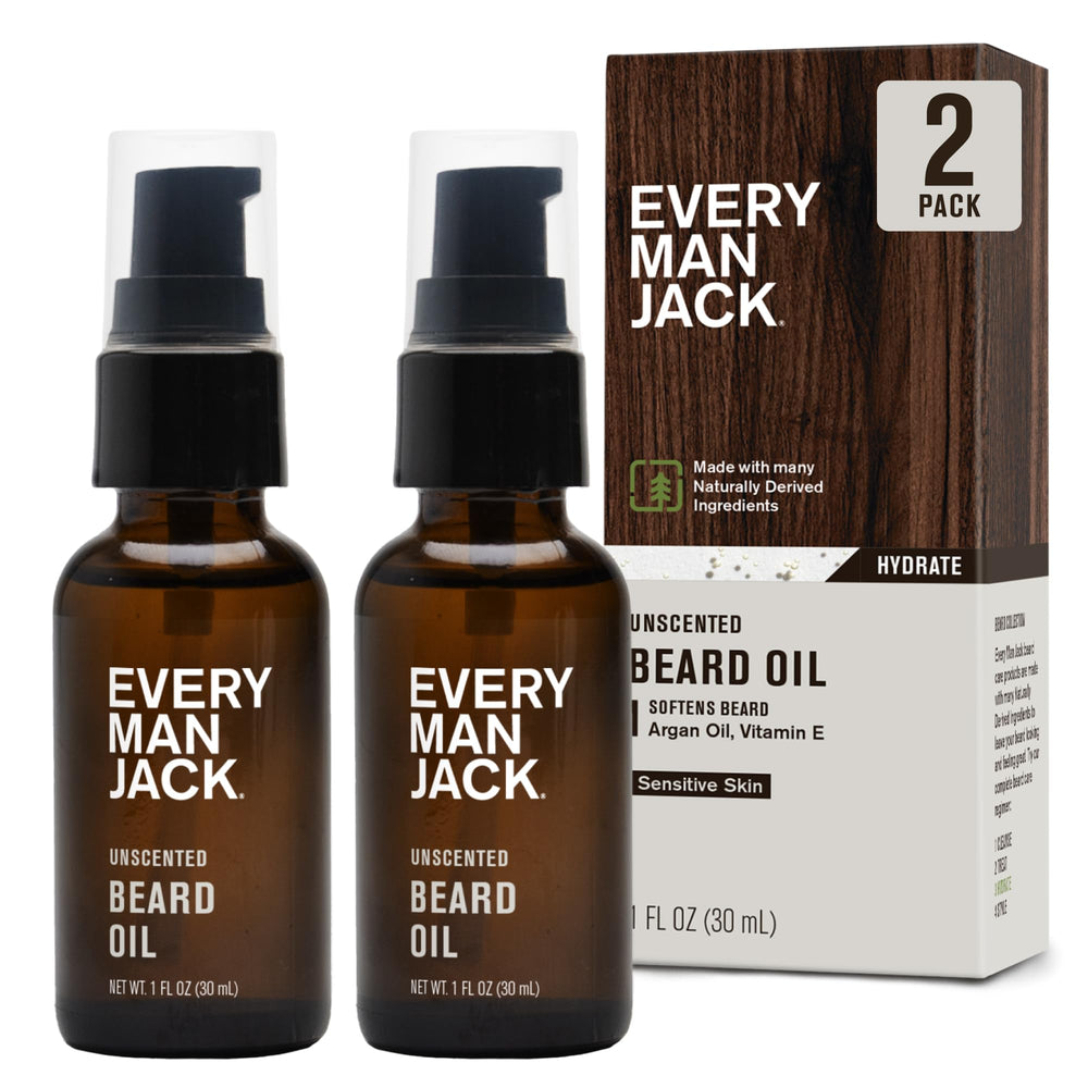 Aceite para barba sin fragancia de Every Man Jack en botella con gotero, piel sensible protegida
