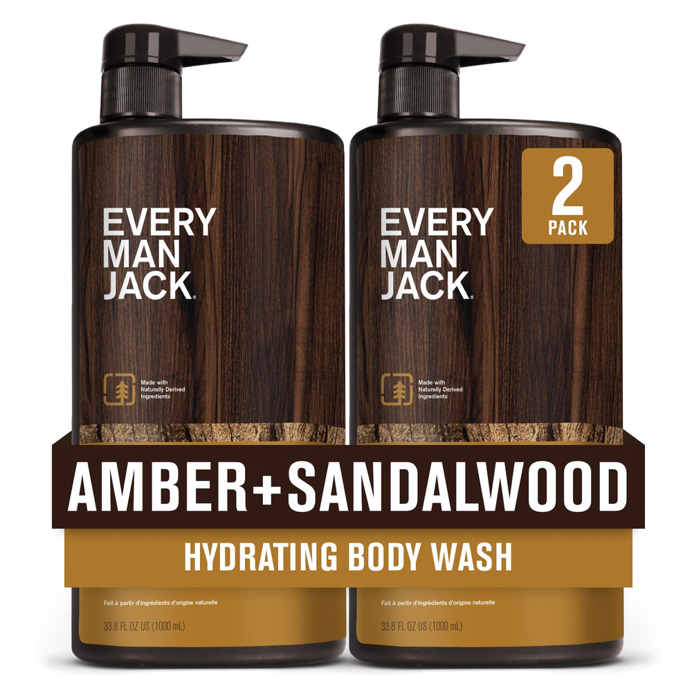 Every Man Jack ambar-sandalo botella vertido, aroma terroso para una ducha vigorizante.