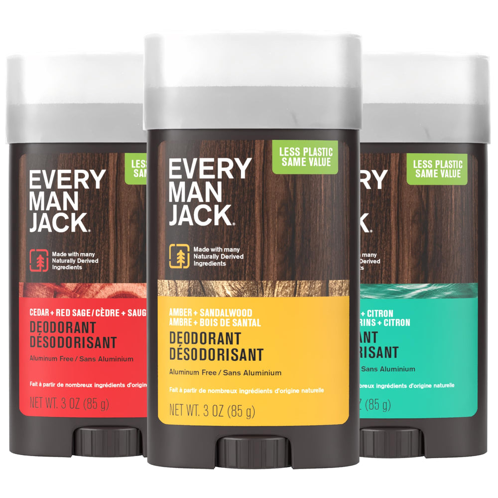 Set de desodorantes Every Man Jack: tres barritas para uso diario.