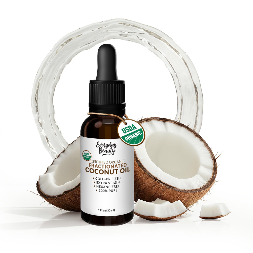 Everyday Beauty: aceite de coco fraccionado en bote ámbar con gotero para hidratación suave.