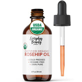 Aceite de rosa mosqueta de Everyday Beauty en botella ámbar para hidratación suave de la piel.