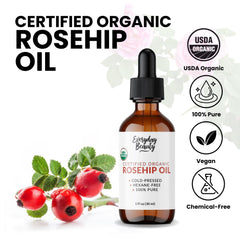 Etiqueta de certificación orgánica en el envase del aceite Rosa Mosqueta Everyday Beauty.