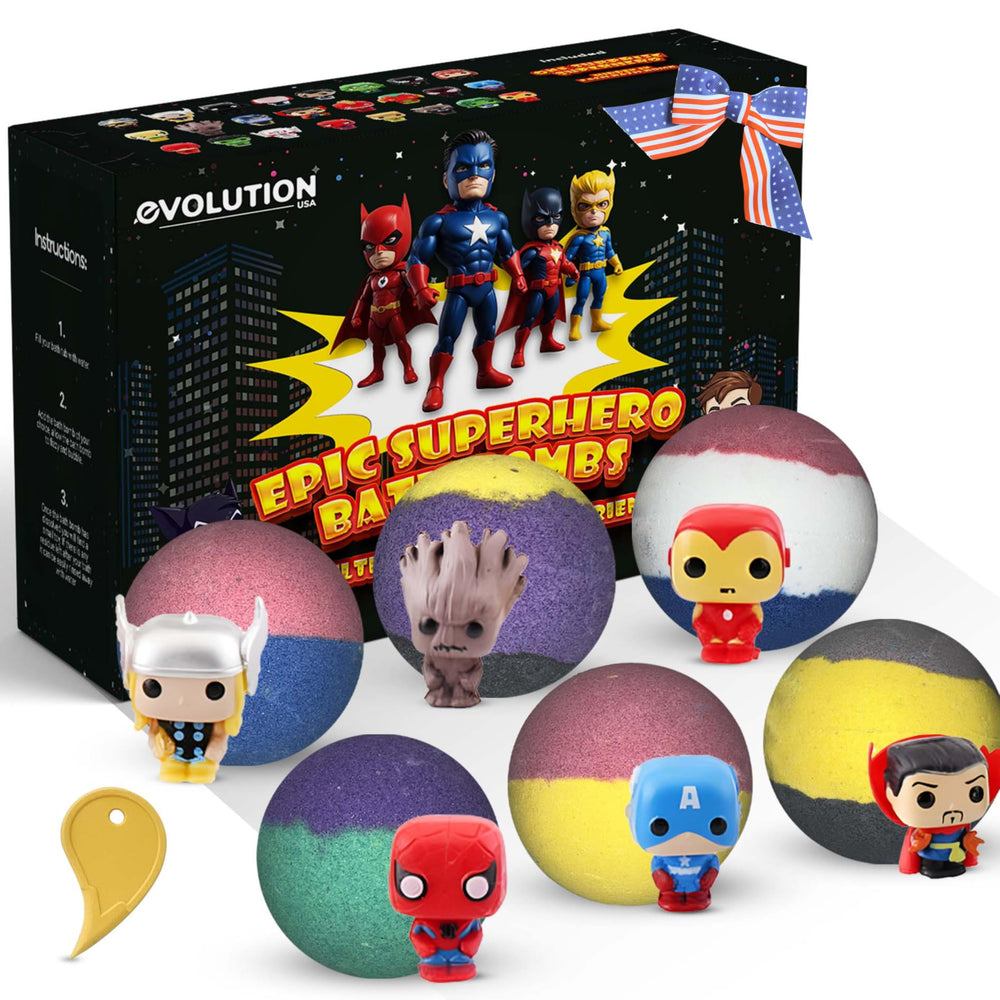 EvolutionUSA bomba de baño superheroica epica con juguete dentro, diversión segura