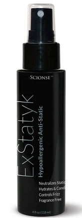 ExStatyk en botella emite niebla antiestática para cabello suave y libre de encrespamiento.