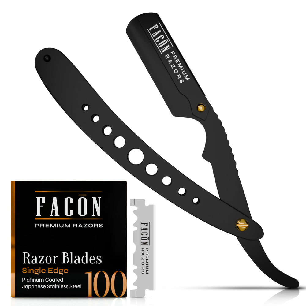 FACON navaja recta con mango ergonómico para control suave durante el afeitado.