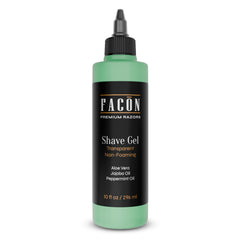 FACON transparent shaving gel shows clear visibility for precise beard lines.