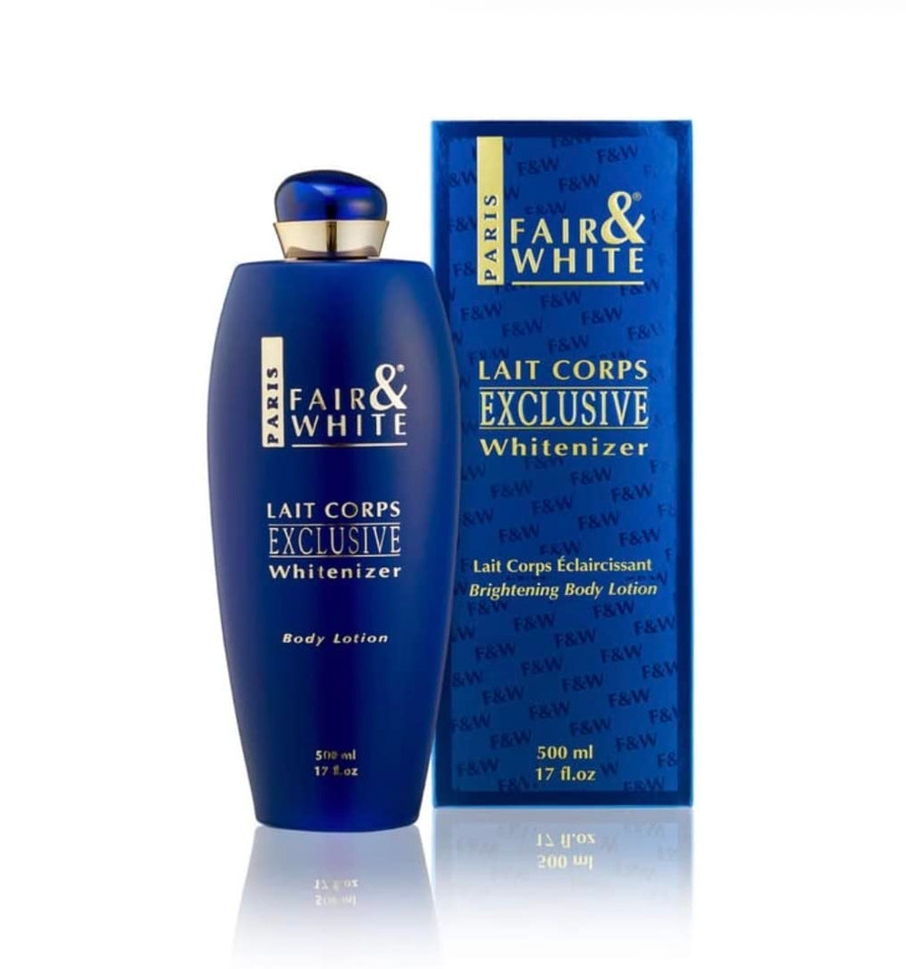 Fair & White Lait Corps Exclusive en bouteille, hydratation durable pour la peau.