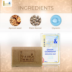FAIR & WHITE Jabon Exfoliante, espuma abundante para rostro y cuerpo.