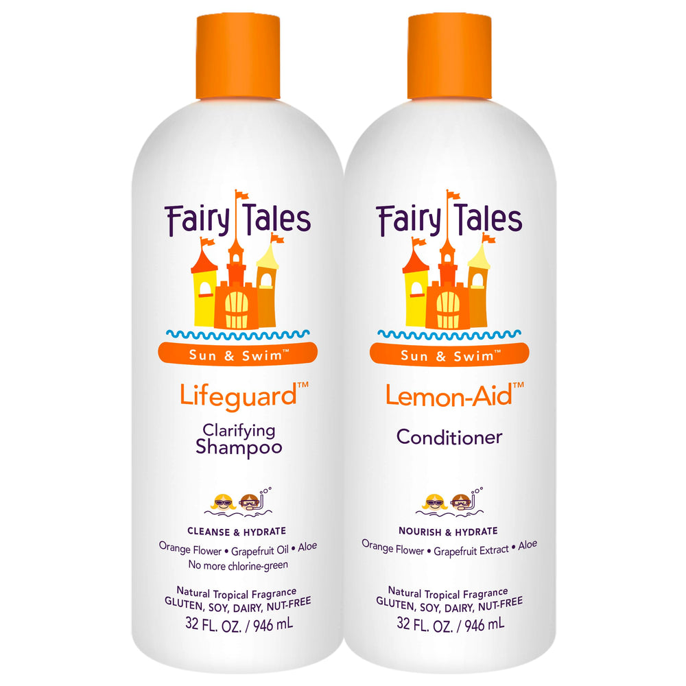 Fairy Tales Sun y Swim Champú para niños, frente de la botella, combate cloro y sales.