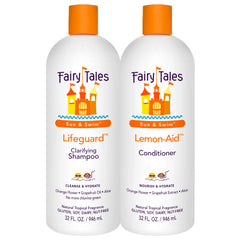 Fairy Tales Sun y Swim Champú para niños, frente de la botella, combate cloro y sales.