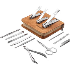 Conjunto FAMILIFE de manicura 13 piezas con estuche de cuero marrón, ideal para viaje.