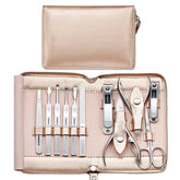 Kit de manicura 11 en 1 de FAMILIFE, estuche de cuero rosa para viaje.