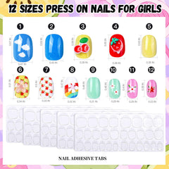 Fandamei uñas infantiles con diseños frutales y corazones, ideas divertidas para creatividad.
