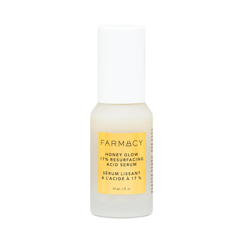 Farmacy Brillo de Miel Serum, botella elegante para exfoliación suave y brillo.