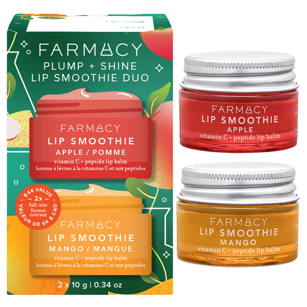 Farmacy Plump + Shine Lip Smoothie Duo – pomme et mangue, hydratation et brillance.