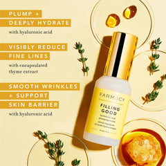 Farmacy Serum, primer plano de textura hidratante, sensación suave en la piel