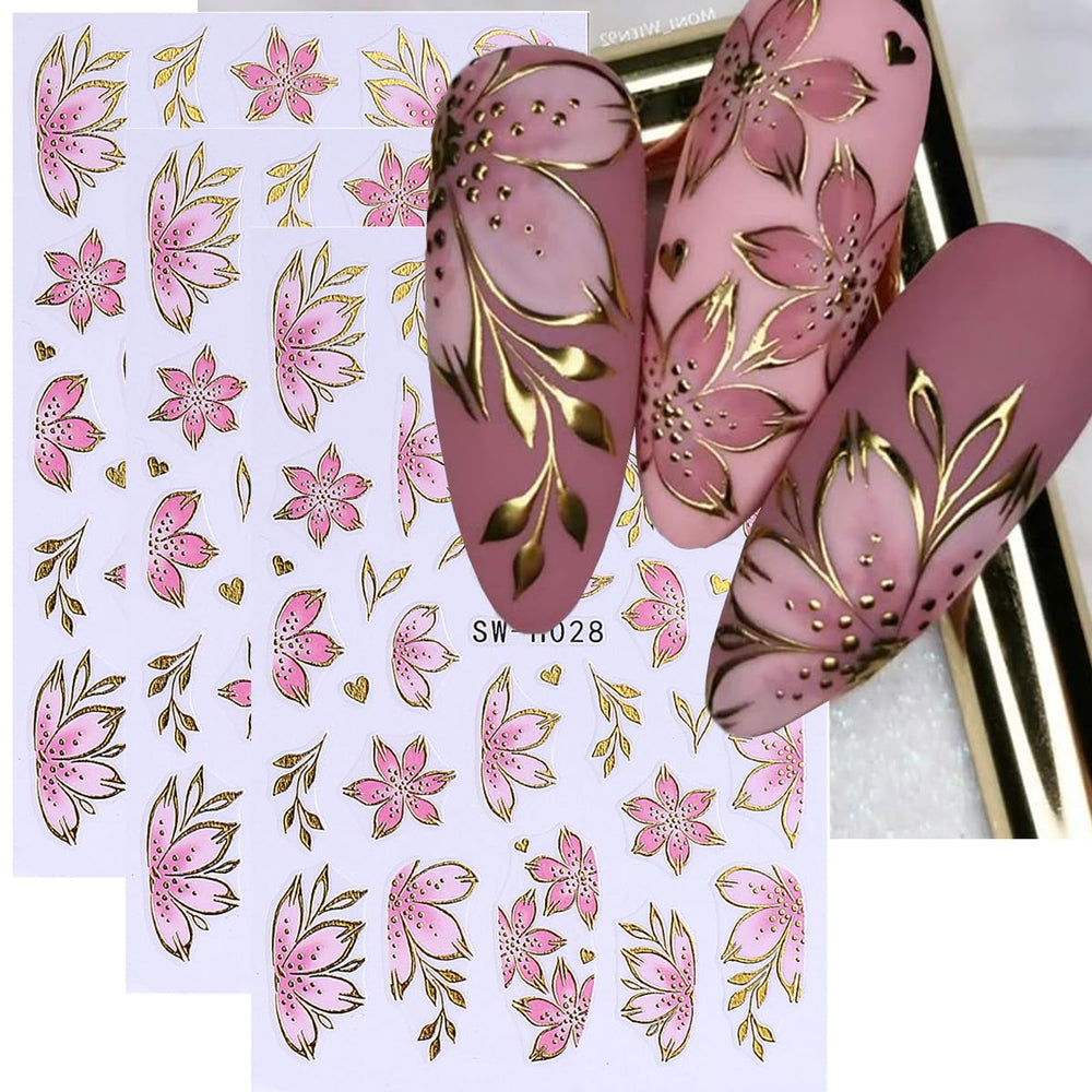 Adhesivos FBABFBUO de uñas 3D con flores rosas para un look floral rápido