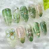 Uñas FDSQHSA verde almendra con flor 3D para manicura rápida y elegante