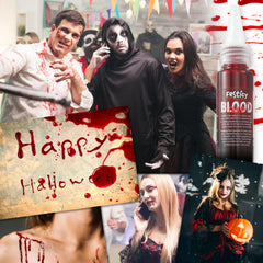 Festicy sangre falsa en aplicación detallada para maquillaje de zombie.
