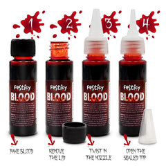 Festicy sangre falsa de limpieza fácil para piel y vestuario.