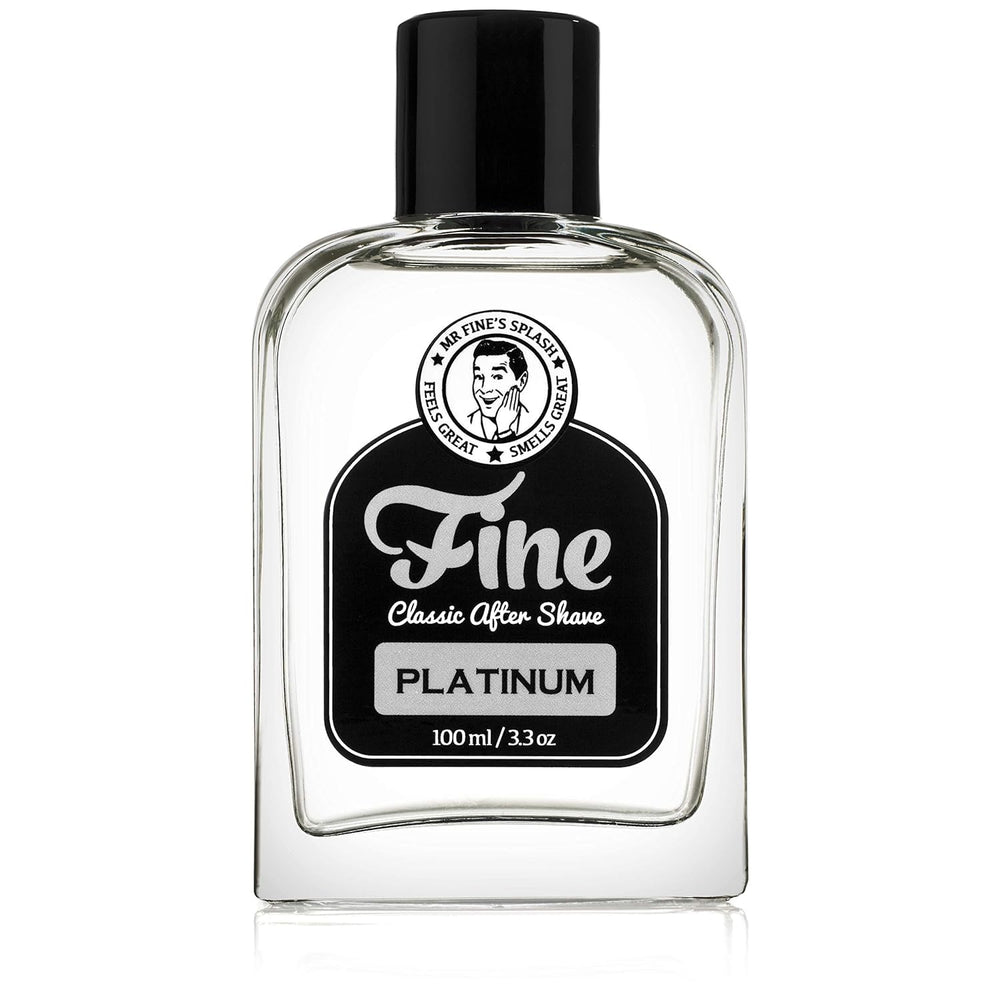 Mr. Fine Aftershave Platinum, botella elegante para una sensación fresca tras el afeitado.