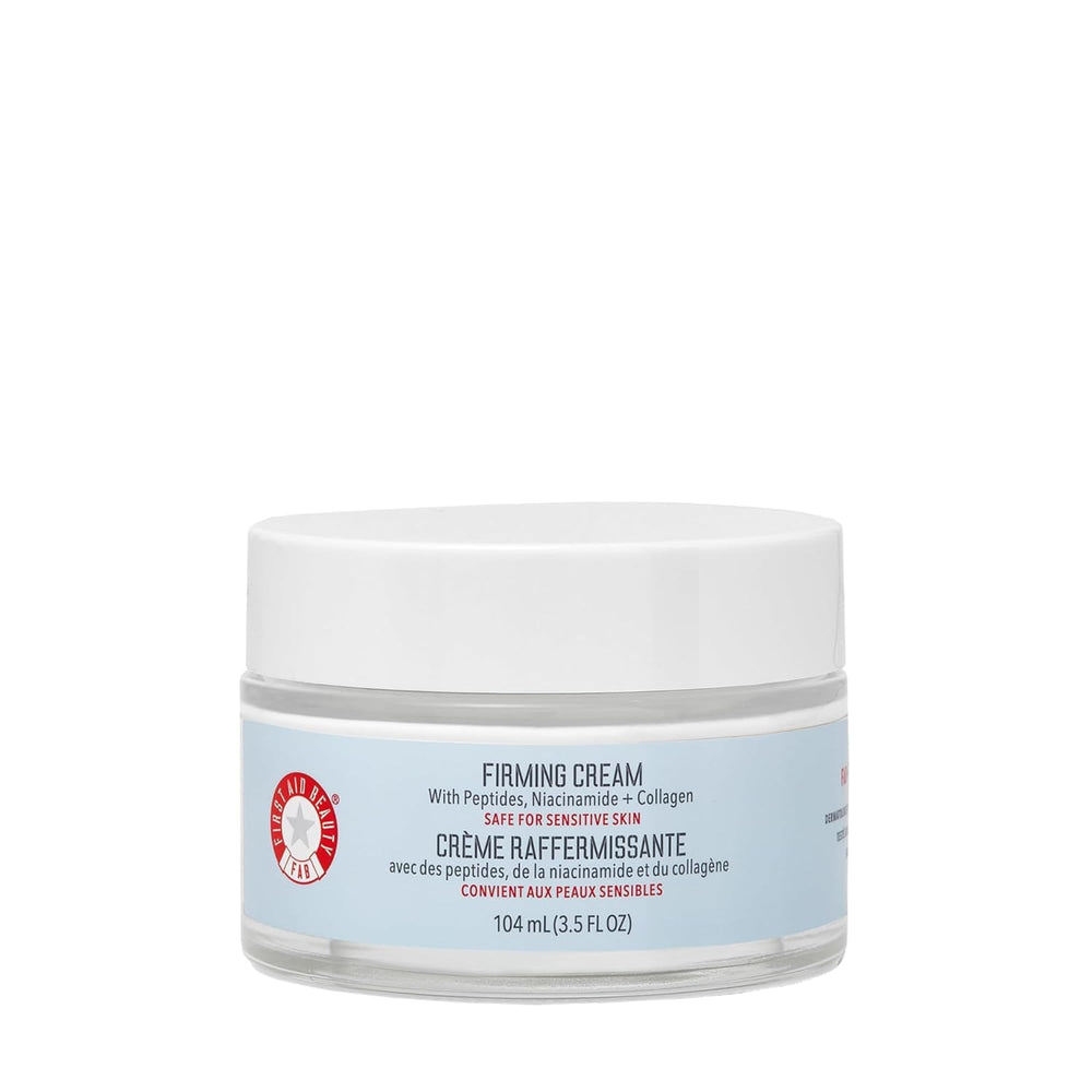 First Aid Beauty crema firmadora con colágeno, botella visible, hidratación intensa para la piel