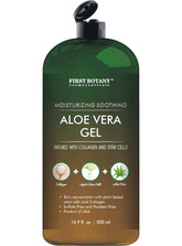 First Botany gel de aloe vera en botella, hidratación suave para rostro y cuerpo.