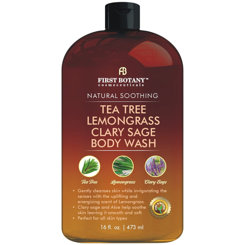 First Botany gel ducha árbol de té en botella, aroma fresco para piel limpia y confortable.