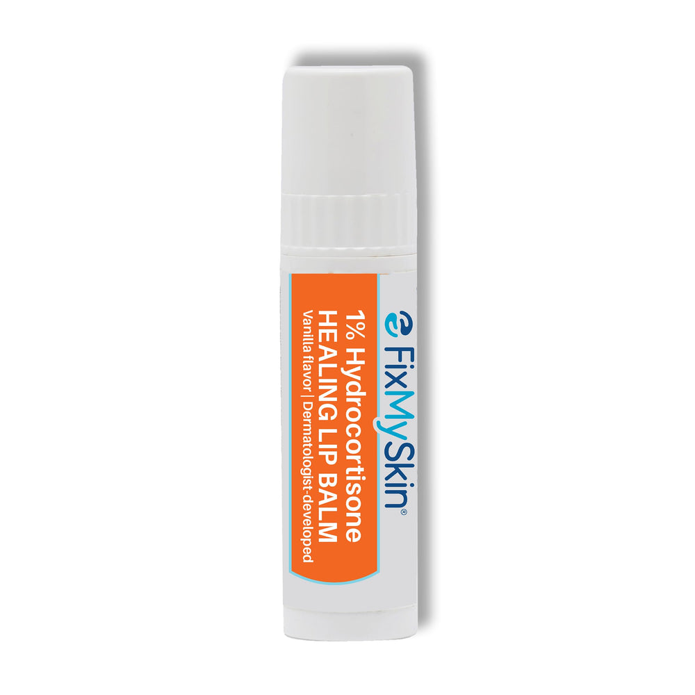 FixMySkin bálsamo labial 1% hidrocortisona en aplicador para labios irritados.