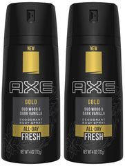 FIYY6VC Axe Gold Oud Wood y Dark Vanilla, spray frontal para control diario del olor.