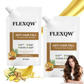 FLEXQW shampoing anti-chute, bouteille mise en avant, promesse cuir chevelu sain et cheveux plus forts.