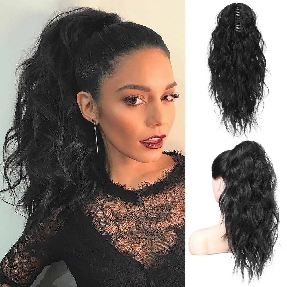Extensión Flufymooz de cola con pinza, ondulado natural negro, para uso diario.