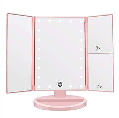 Flymiro espejo de tocador iluminado con tres paneles y aumentos 3x/2x para precisión.