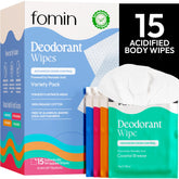 FOMIN acidified travel deodorant wipes compact pack for on-the-go freshness.