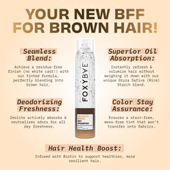 FoxyBae dry shampoo with biotin adds volume to brunette hair.