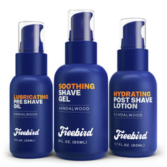 Freebird Shave Care Kit packaging shows a compact, travel-ready design for on-the-go grooming.