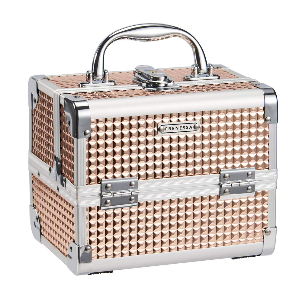 Frenessa caja de maquillaje tren con espejo y candado en rosado oro, ideal para viaje.