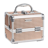 Frenessa caja de maquillaje tren con espejo y candado en rosado oro, ideal para viaje.