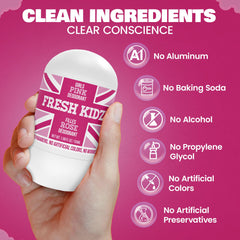 Fresh Kidz desodorante-rodillo rosa con aroma floral suave.