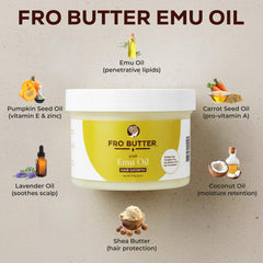 Le cuir chevelu bénéficie de Fro Butter Emu Oil nourri par vitamines A et E.